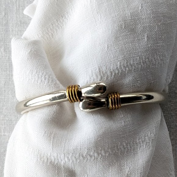 Taxco 27g Sterling Clamper Bypass Bracelet w Brass Detail. Optional 3/4" Hoops - Picture 2 of 14